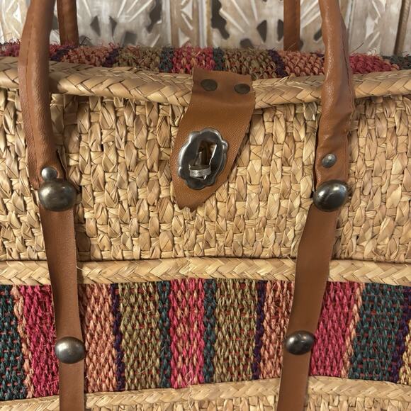 Vtg 60s Acapulco Straw Woven Small Shopper Tote Beach Bag w Multi Color Stripes - Picture 3 of 8